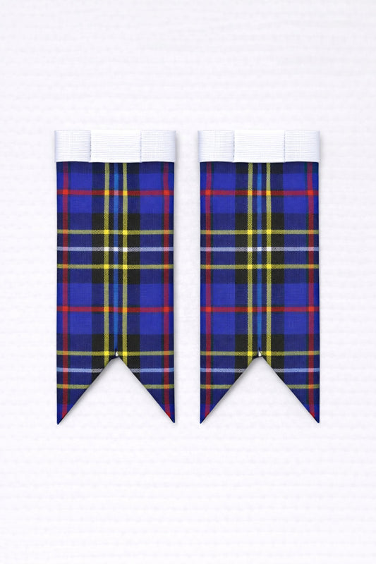 Blue modern tartan flashes worn with traditional Scottish kilt hose for Highland dress