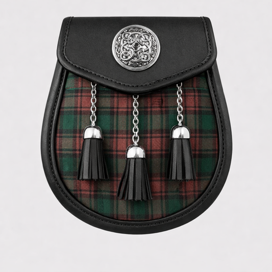 Brown Watch tartan sporran with traditional tassels and leather backing for Scottish kilts