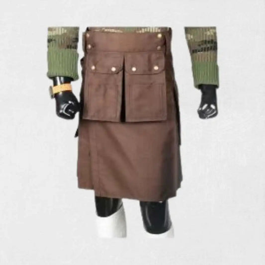 Brown work utility kilt with cargo pockets and leather strap design