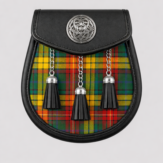 Buchanan Ancient tartan sporran with traditional tassels and leather backing for Scottish kilts