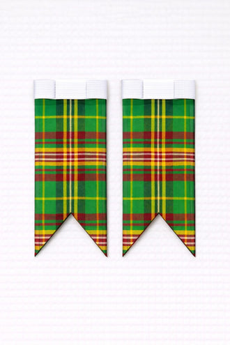 Buchanan Ancient tartan flashes paired with traditional Scottish kilt hose for Highland dress