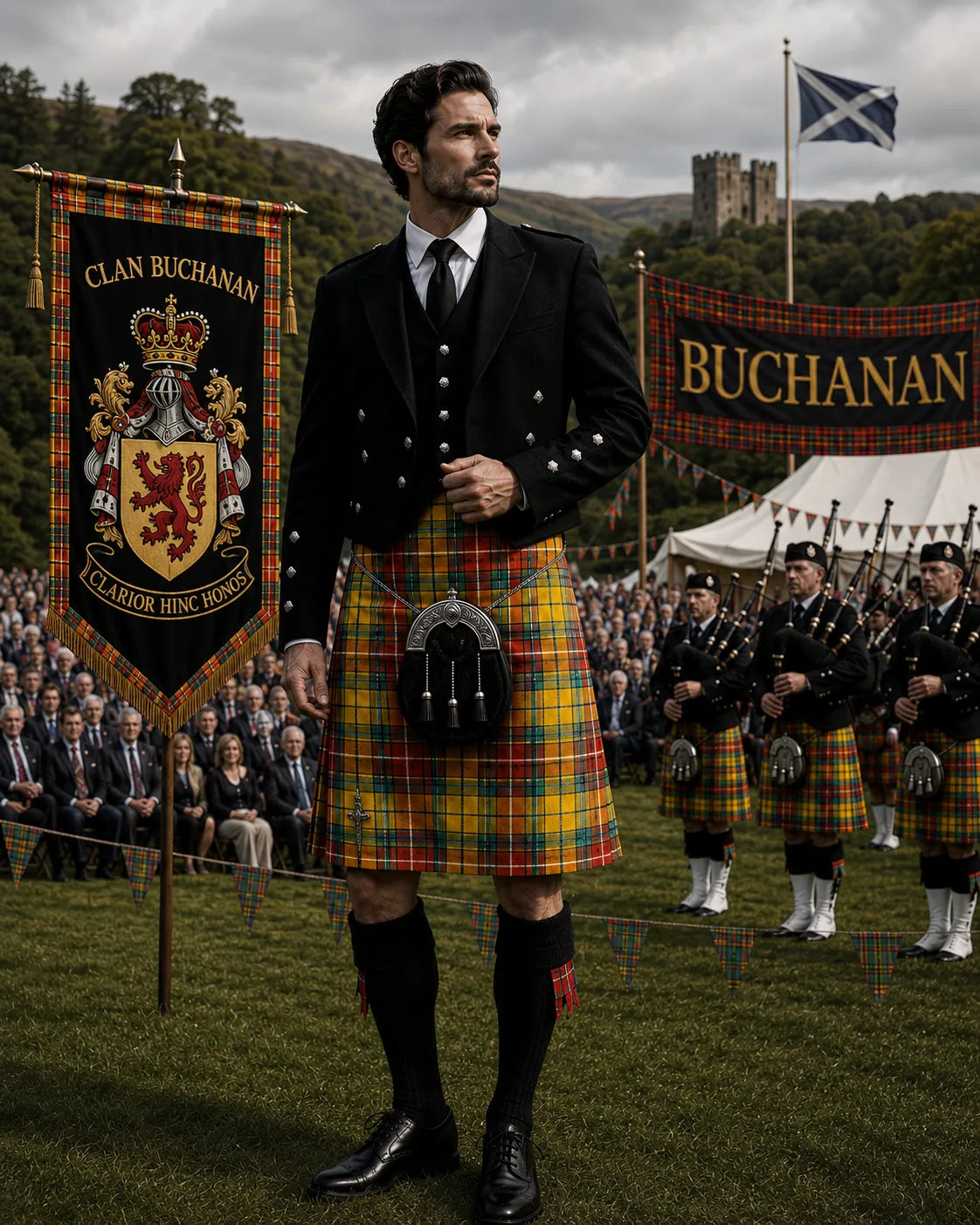 Buchanan Tartan Outfit featuring a traditional Scottish kilt with coordinated Highland clothing and accessories