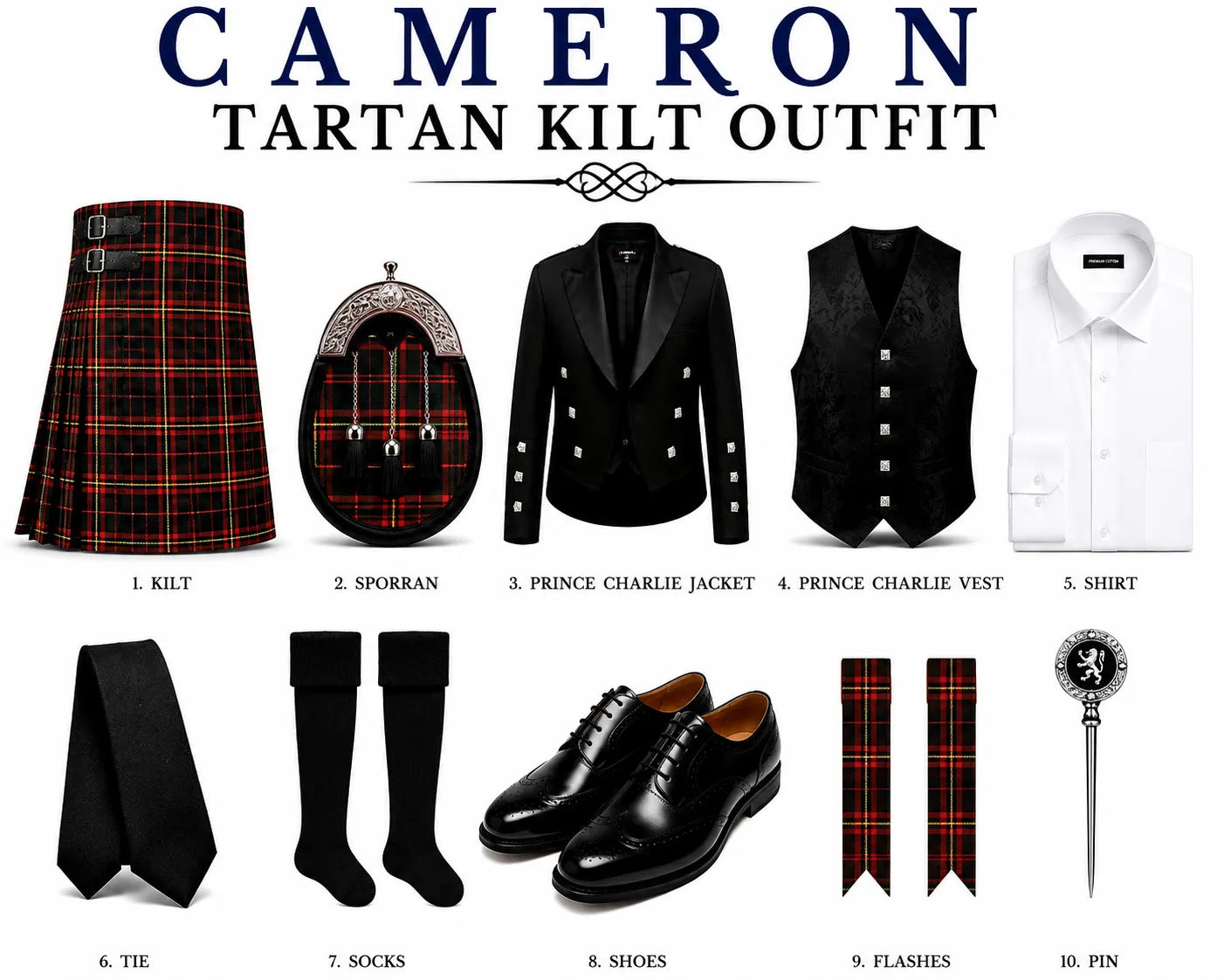A product display sheet for the 'Cameron Tartan Kilt Outfit' on a white background, showing 10 separate components (kilt, sporran, jacket, vest, shirt, tie, socks, shoes, flashes, pin) with numbered labels. The kilt and flashes feature a red, black, and gold tartan pattern, while the other items are predominantly black or white.