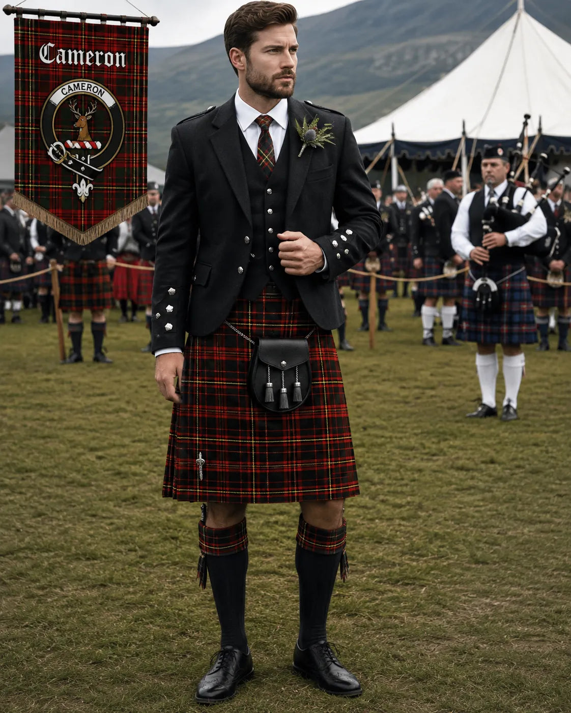 Cameron Tartan Outfit featuring a traditional Scottish kilt with coordinated Highland clothing and accessories