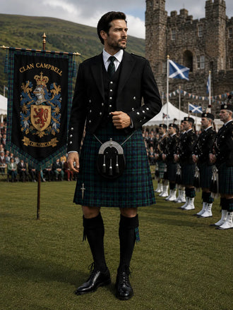 Complete Campbell Tartan Outfit featuring a traditional Scottish kilt with coordinated Highland clothing and accessories