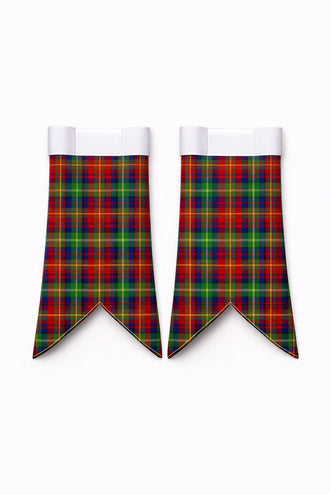 Handmade Carr tartan kilt in green, navy, and red overcheck pattern
