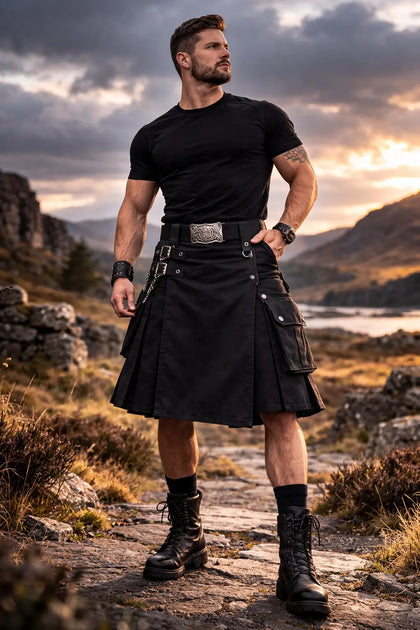 Premium Quality Mens Midnight Black Utility Kilt