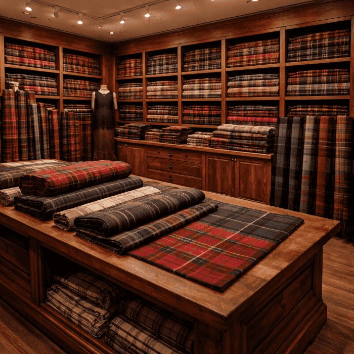 Wool fabric store with plaid patterns on wooden shelves and table.