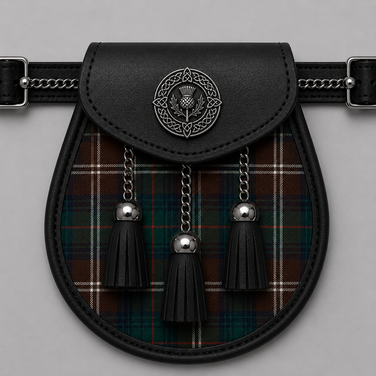 Chisholm Hunting Modern tartan sporran displayed with traditional Scottish Highland kilt accessories

