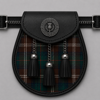 Chisholm Hunting Modern tartan sporran displayed with traditional Scottish Highland kilt accessories
