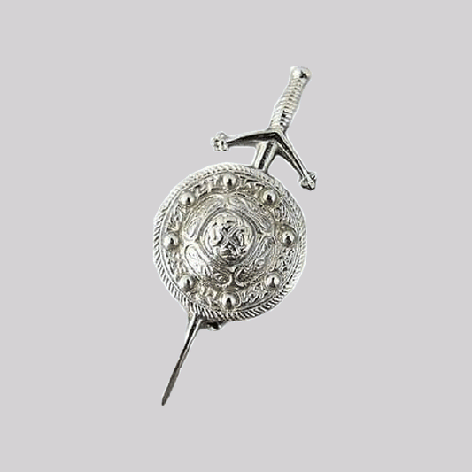 Chromed Sword Kilt Pin with Celtic Shield Design for Scottish Highland Wear