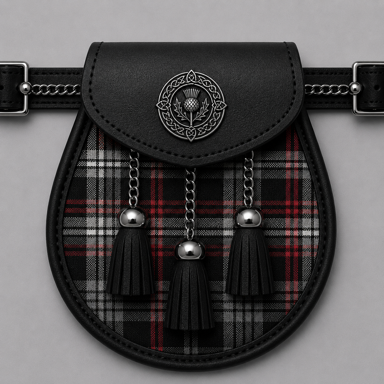 Clan Auld Lang Syne grey tartan sporran for traditional Scottish kilt outfits and formal Highland dress occasions