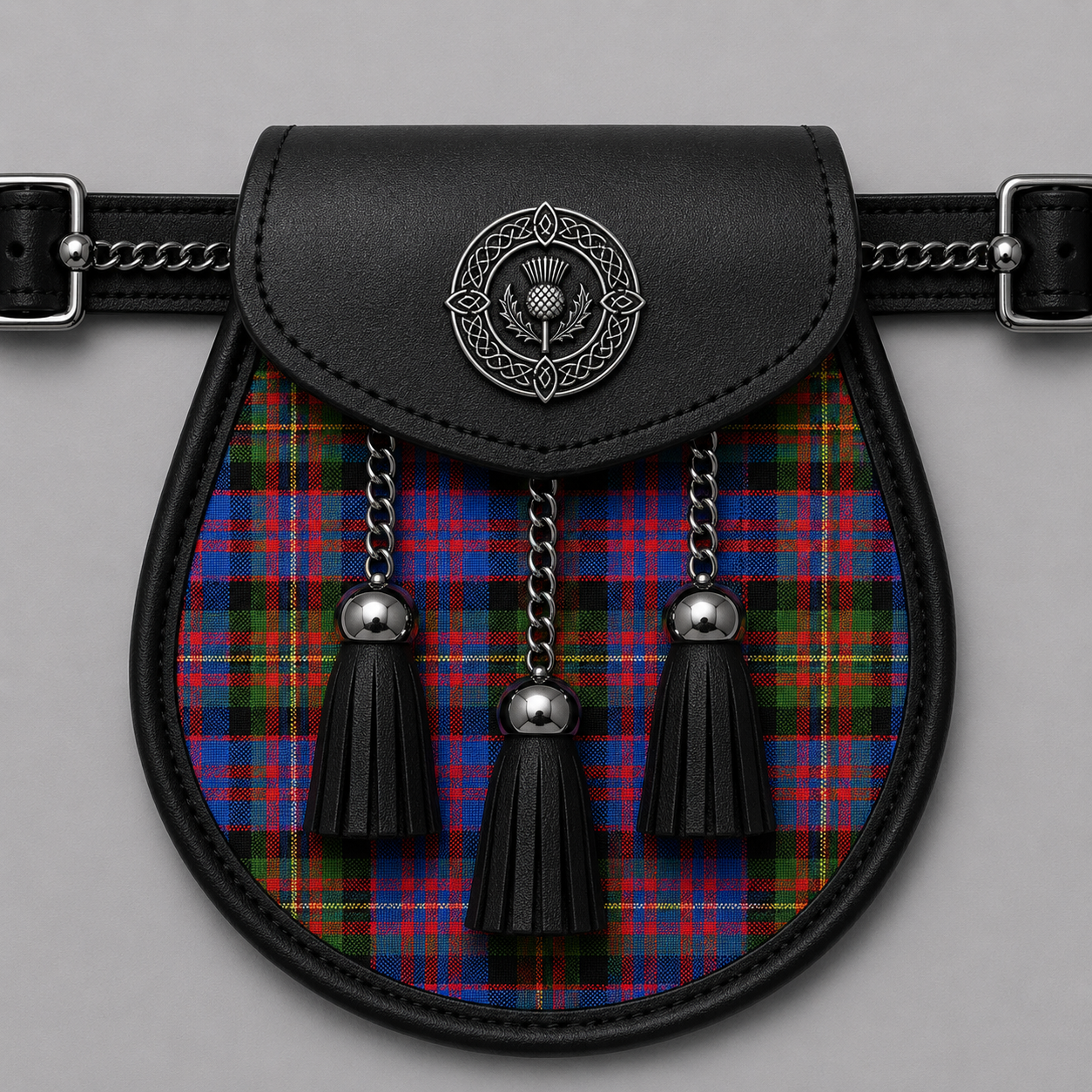 Clan Carnegie Ancient tartan sporran displayed with traditional Scottish Highland kilt accessory styling