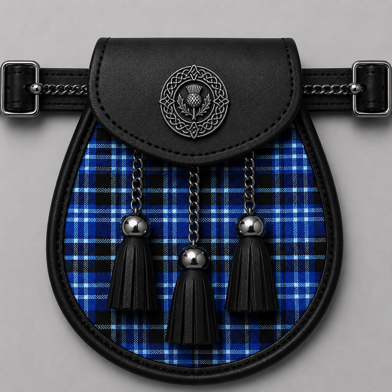 Clan Clark Modern Tartan Sporran displayed with traditional Scottish kilt accessory styling
