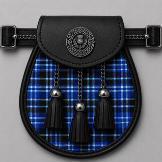 Clan Clark Modern Tartan Sporran displayed with traditional Scottish kilt accessory styling