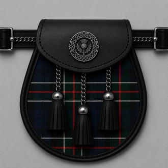 Clan Colquhoun Modern tartan sporran displayed with traditional Scottish Highland kilt accessories
