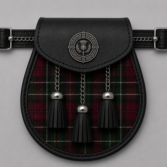 Clan Crosbie Modern tartan sporran displayed with traditional Scottish Highland kilt accessories