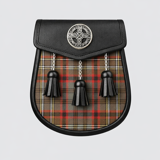Cunningham Hunting Weathered tartan sporran with traditional tassels and leather backing