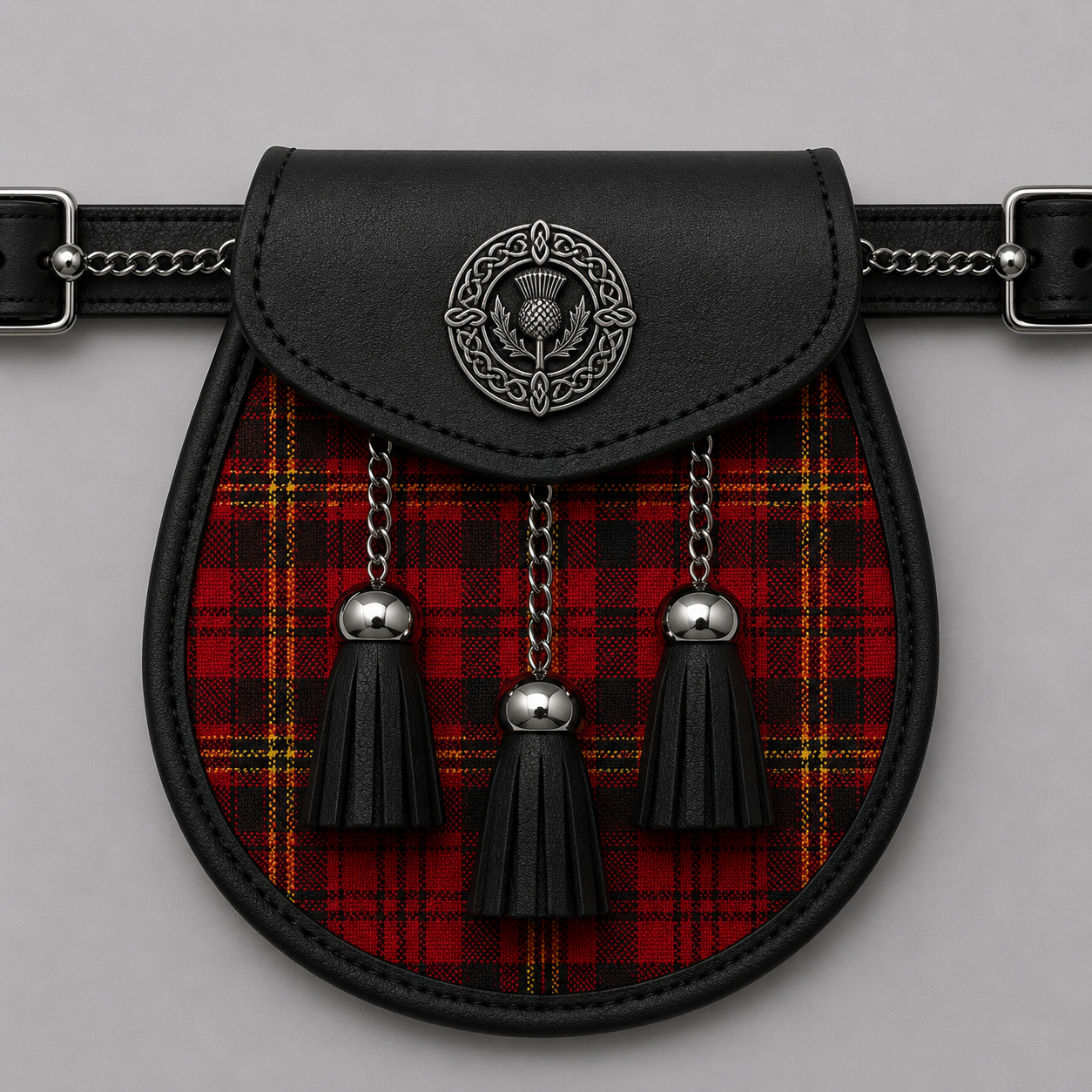 Davis Modern tartan sporran displayed with traditional Scottish kilt accessory styling