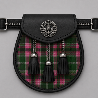 Gray Hunting Ancient tartan sporran displayed with traditional Scottish kilt accessory styling for formal Highland wear.