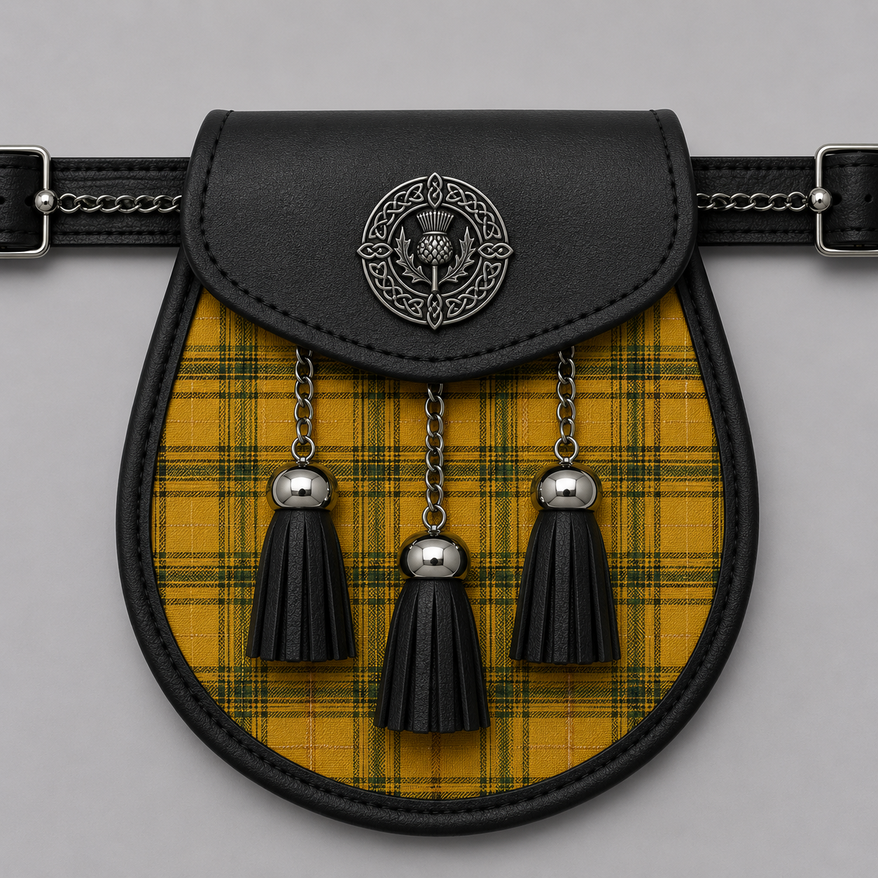 Houston Modern tartan sporran displayed with traditional Scottish Highland kilt accessory styling