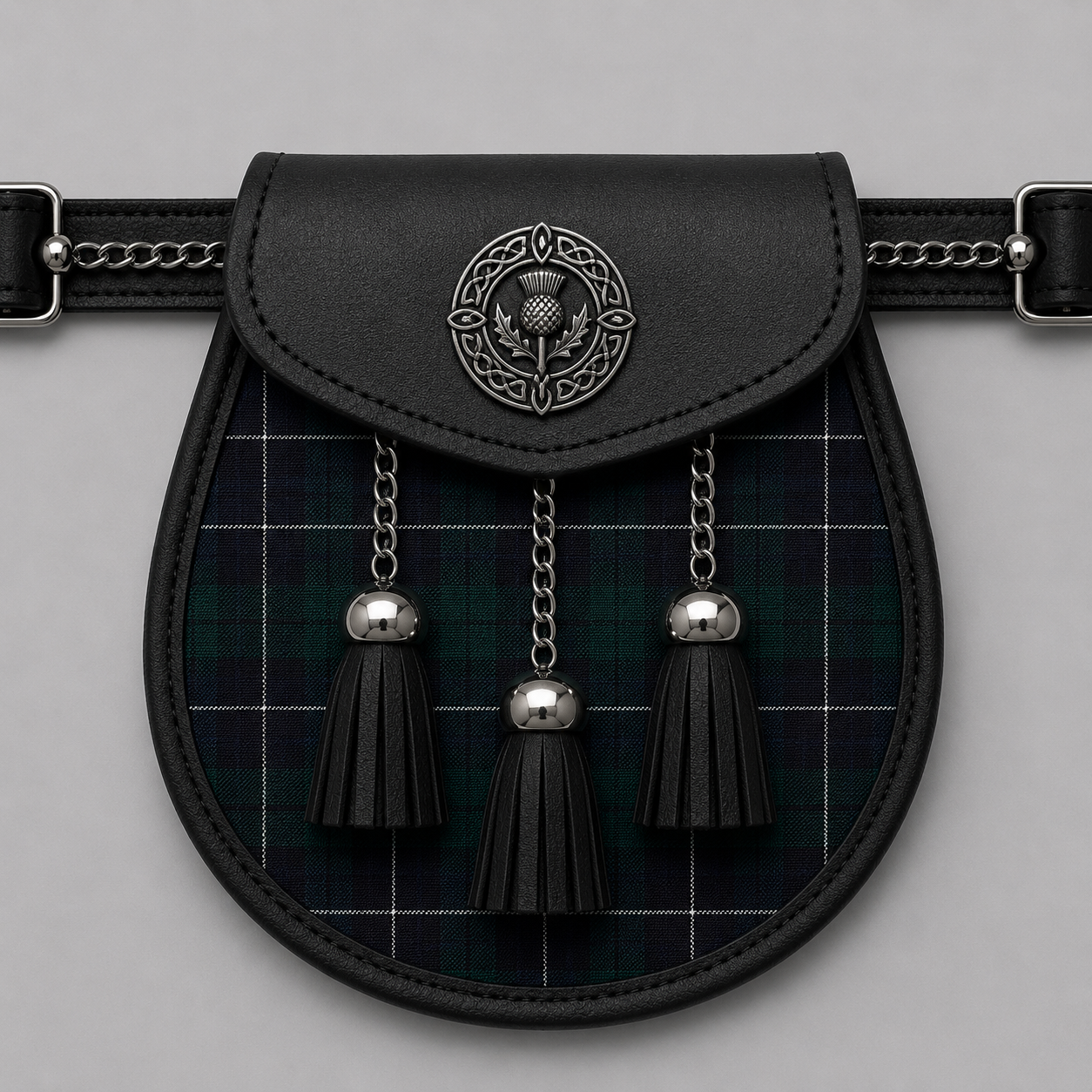 Clan Irvine Modern Tartan Sporran accessory paired with traditional Scottish kilt for formal Highland wear
