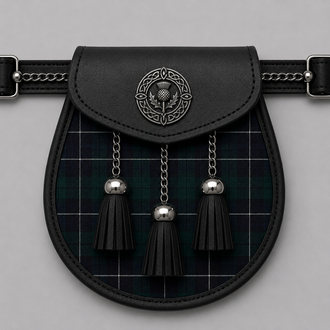 Clan Irvine Modern Tartan Sporran accessory paired with traditional Scottish kilt for formal Highland wear