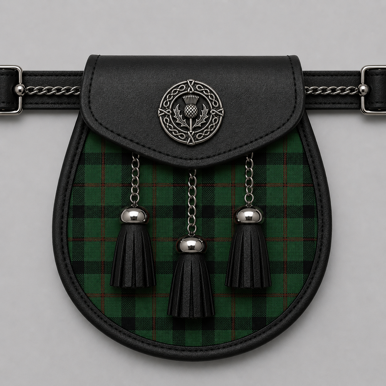 Clan Kincaid Modern Tartan Sporran displayed with traditional Scottish kilt accessory for Highland dress wear
