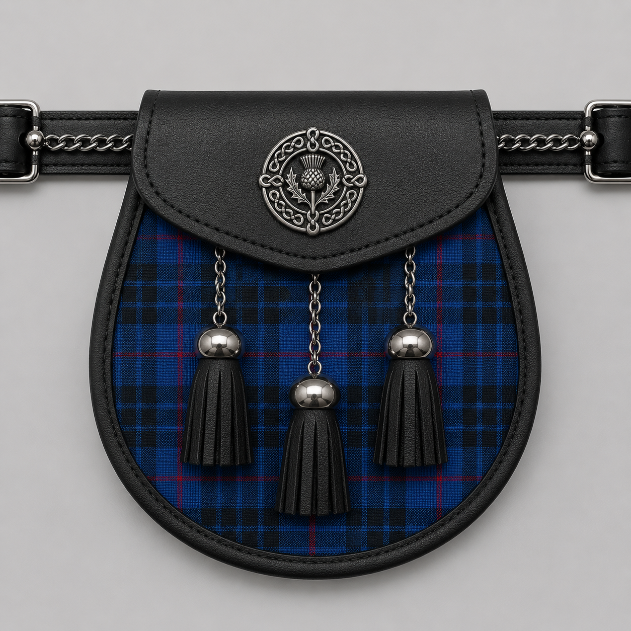 Clan Mackay Blue tartan sporran displayed with traditional Scottish kilt accessory detailing