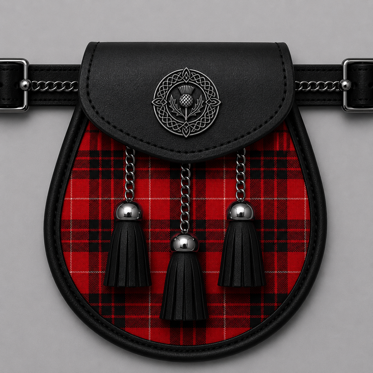 Clan Munro black and red tartan sporran for traditional Scottish Highland kilt attire and formal occasions