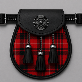 Clan Munro black and red tartan sporran for traditional Scottish Highland kilt attire and formal occasions