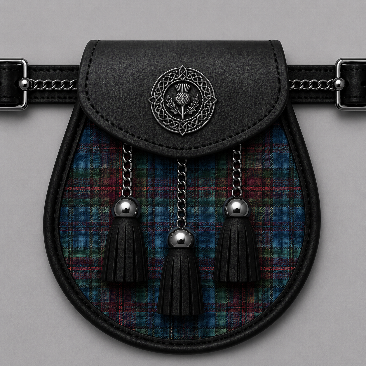 Clan Orkney tartan sporran displayed with traditional Scottish kilt accessory detailing