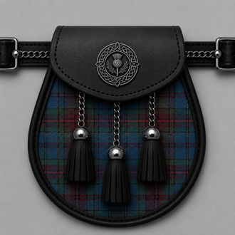 Clan Orkney tartan sporran displayed with traditional Scottish kilt accessory detailing