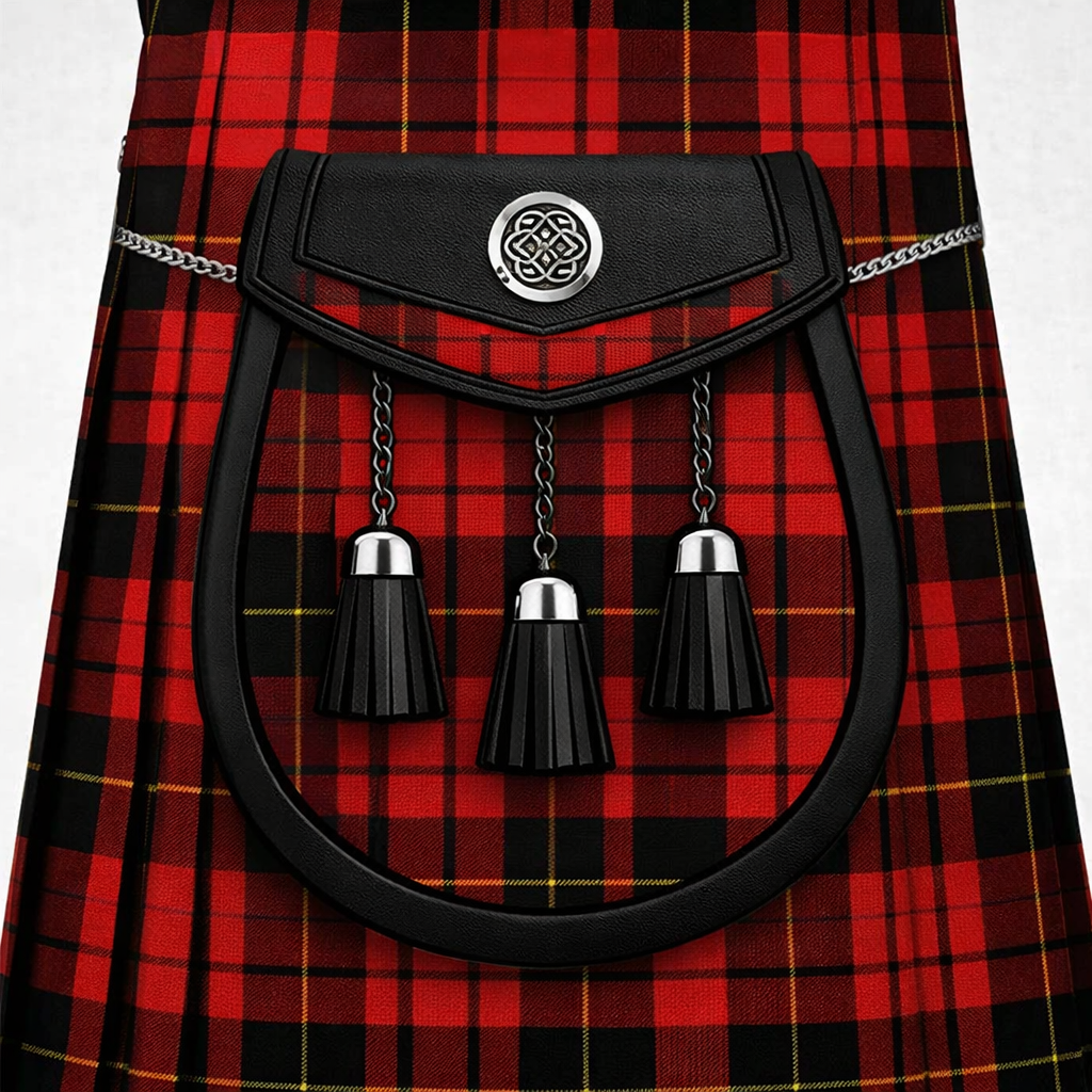 Clan Sweeney tartan sporran with traditional tassels and durable leather backing