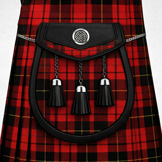 Clan Sweeney tartan sporran with traditional tassels and durable leather backing