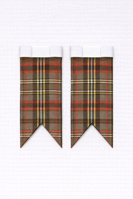 Clan Cunningham Hunting Weathered tartan flashes paired with traditional Scottish kilt hose for Highland dress