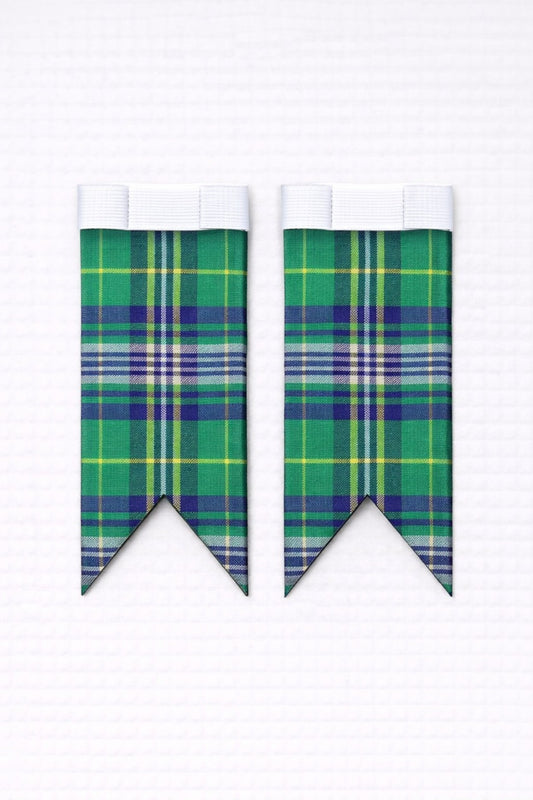 Clan Jones tartan flashes worn with traditional Scottish kilt hose for Highland dress