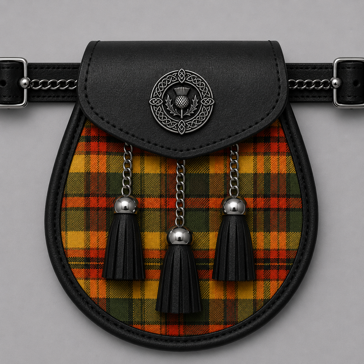 County Derry tartan sporran featuring traditional Scottish design for kilt outfits and Highland dress occasions