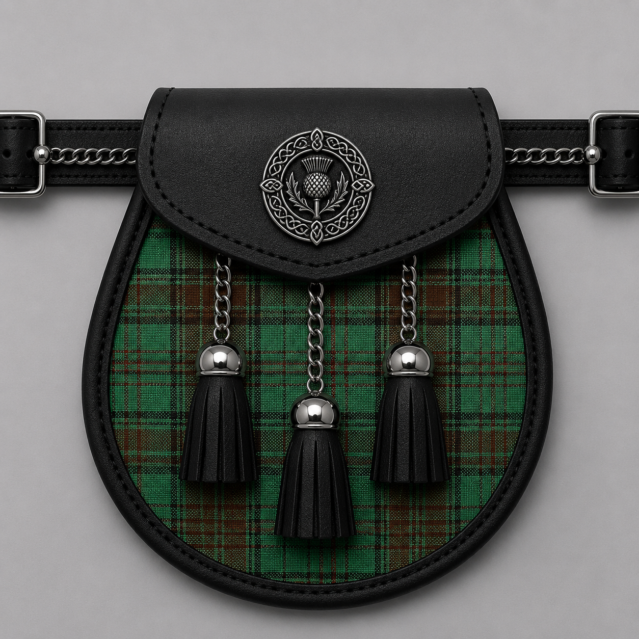 County Dublin tartan sporran featuring traditional Irish pattern for Highland wear, weddings, and formal kilt outfits