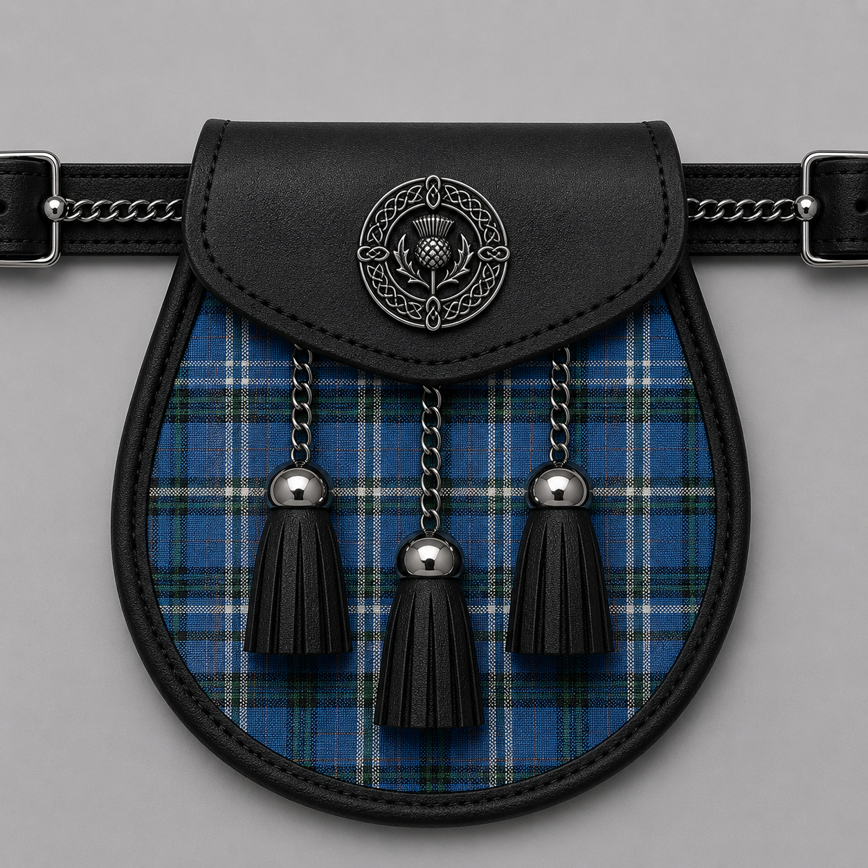 County Fermanagh tartan sporran displayed with traditional Scottish kilt accessory styling for formal Highland wear
