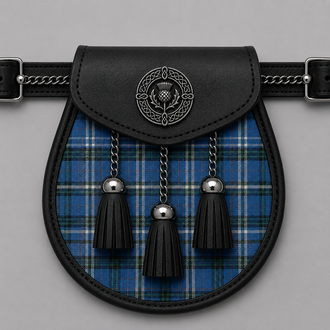 County Fermanagh tartan sporran displayed with traditional Scottish kilt accessory styling for formal Highland wear