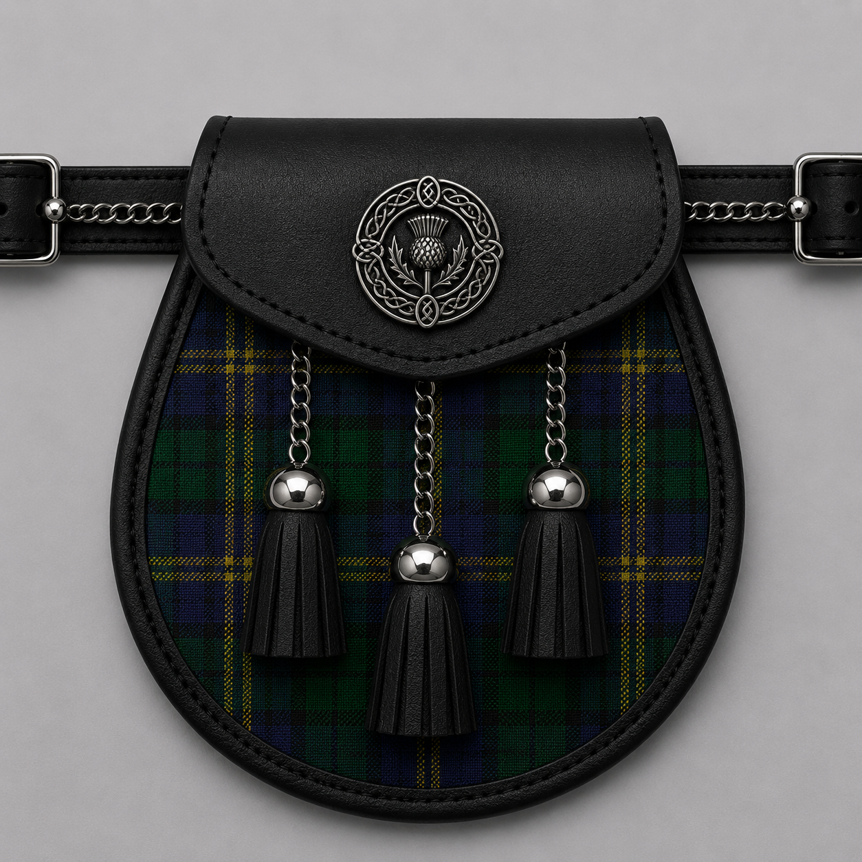 County Kilkenny tartan sporran with traditional kilt accessory design for Scottish and Irish formal wear