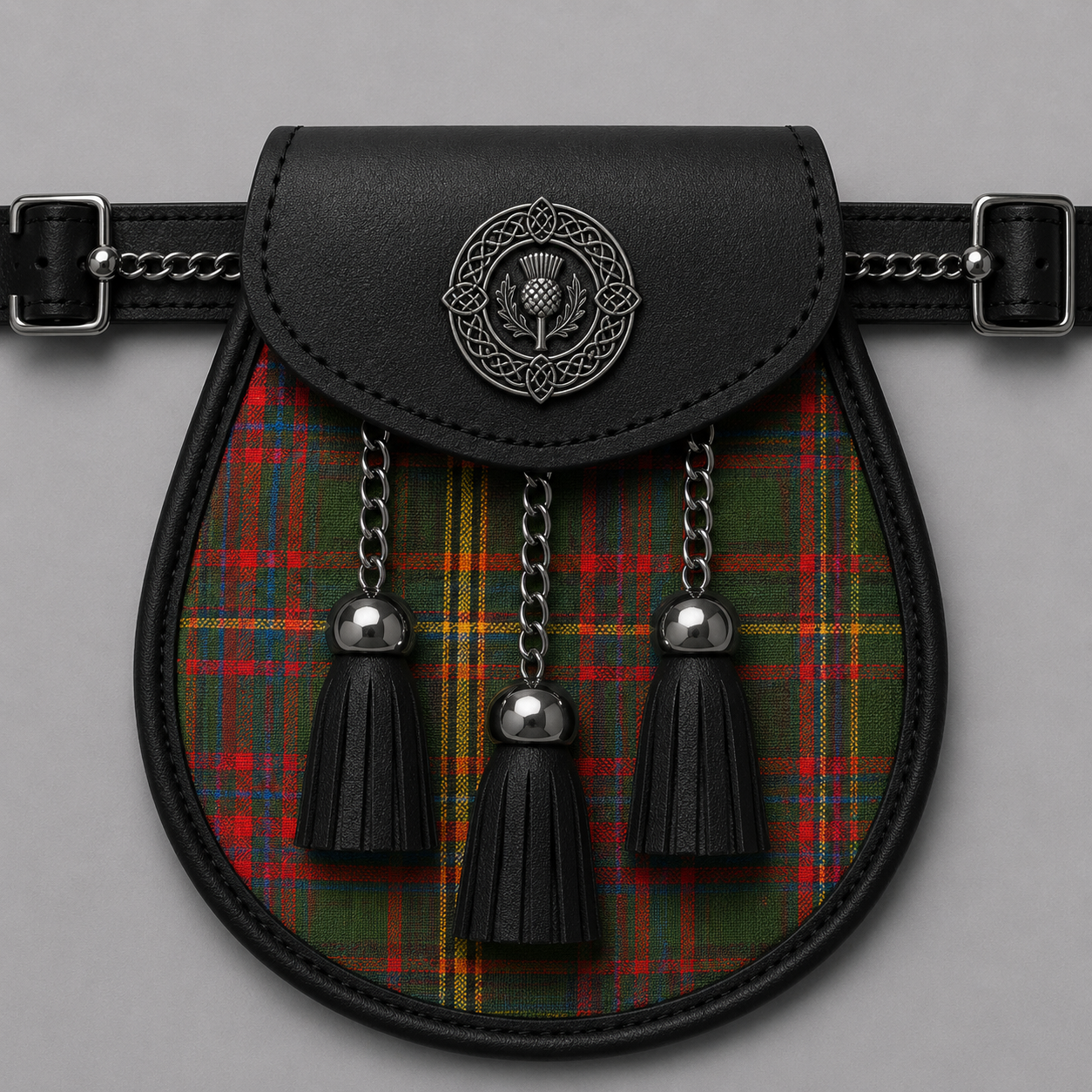 County Westmeath tartan sporran displayed with traditional kilt accessory styling for formal and casual Highland wear