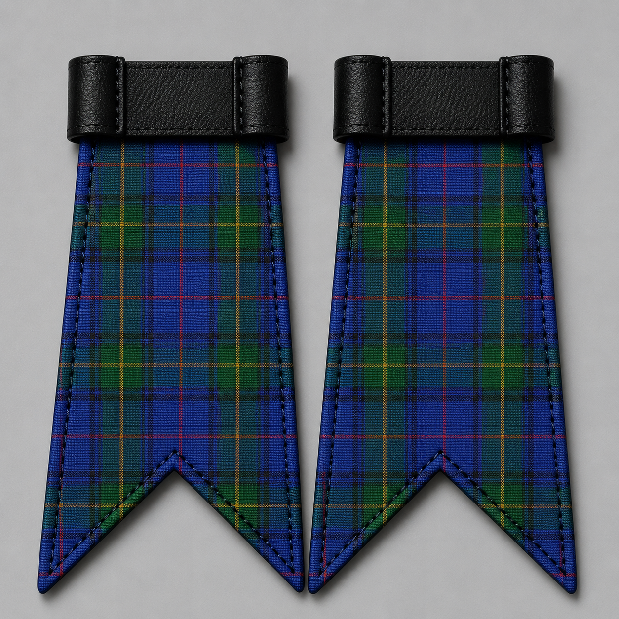 County Donegal tartan flashes for kilt hose featuring traditional plaid pattern and secure elastic fastening