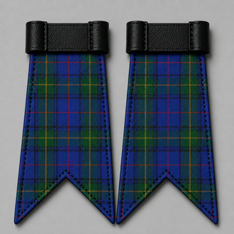 County Donegal tartan flashes for kilt hose featuring traditional plaid pattern and secure elastic fastening