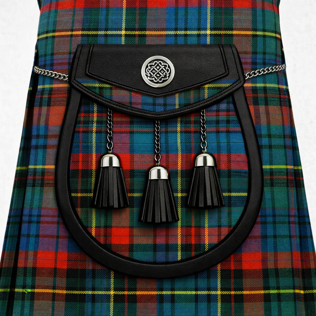 Cunningham Hunting Ancient tartan sporran with traditional tassels and leather backing