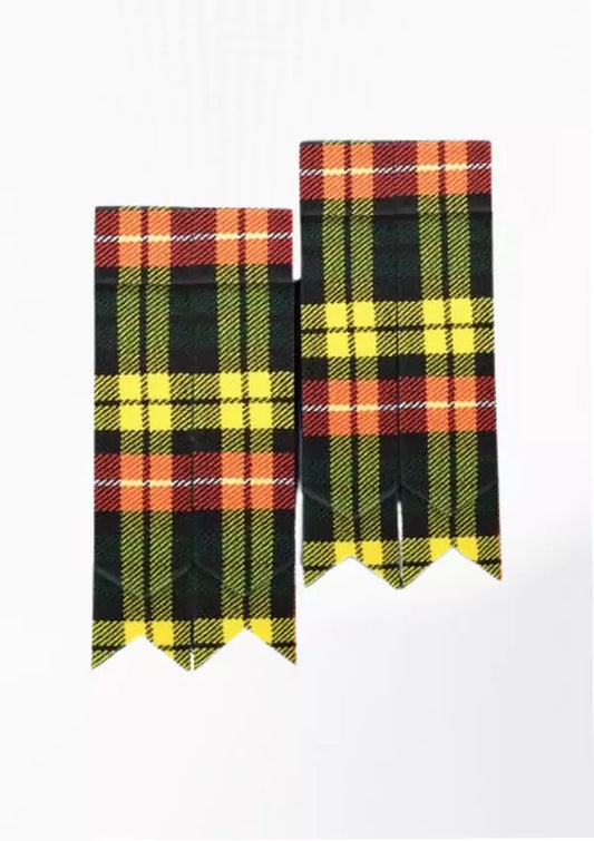 Custom Buchanan tartan kilt flashes with elastic strap and bold Highland colors
