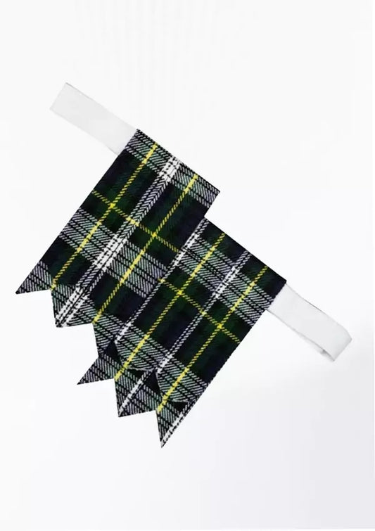 Custom Dress Gordon kilt flashes with elastic garter in white, green, and navy tartan