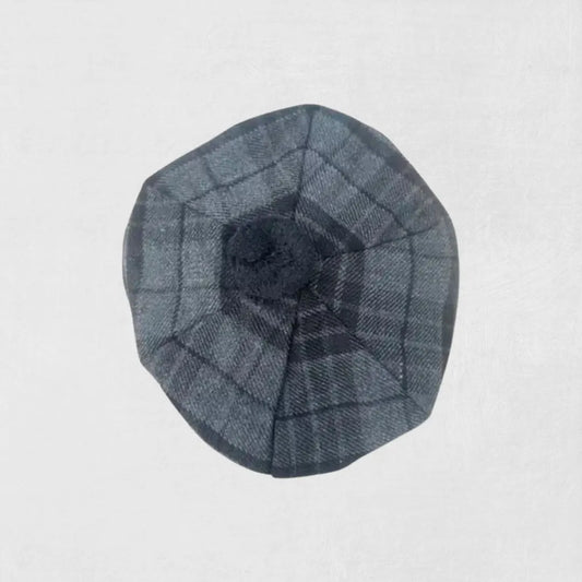 Front view of Custom-Made Grey Night Tartan Tam o’ Shanter Hat with pom-pom.