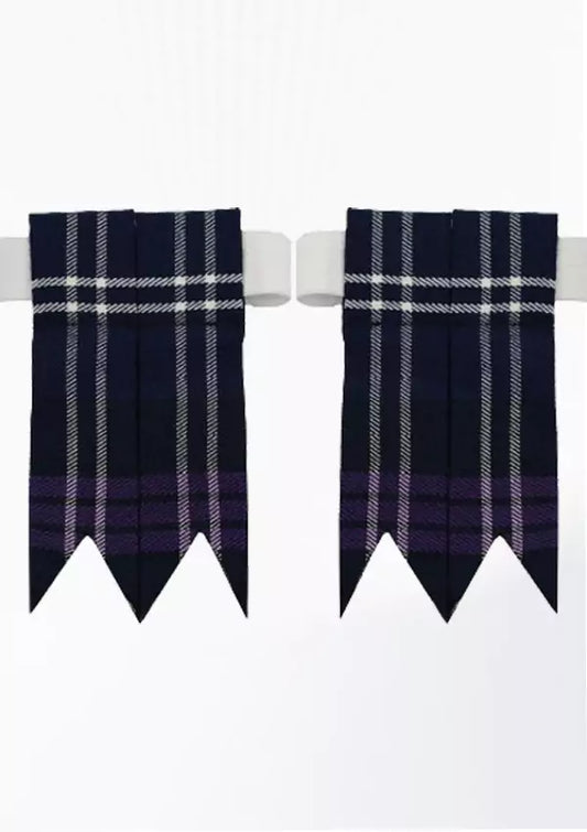 Heritage of Scotland tartan kilt flashes with elastic garters in blue and purple tones